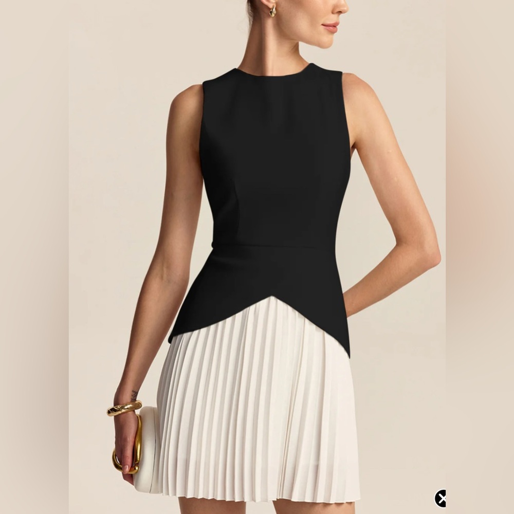 Commense Black and White Pleated Peplum Mini Dress